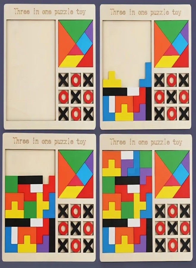 ODMART Wooden 3-in-1 Puzzle Game for Kids | Colorful Tangram, Tic-Tac-Toe & Nine-Square Brain Teaser | Educational Learning Toy & Building Blocks for Boys & Girls - Image 5